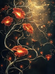 Fototapeta premium A mystical vine with glowing silver tendrils, vibrant red flowers, and a faint golden aura 