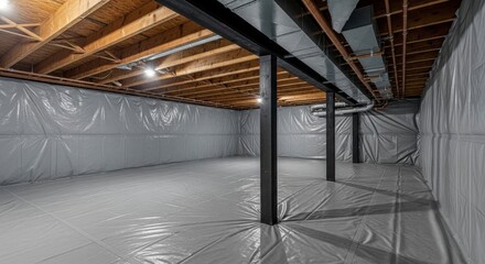 Clean encapsulated crawl space or unfinished basement with gray plastic barrier and wooden joists