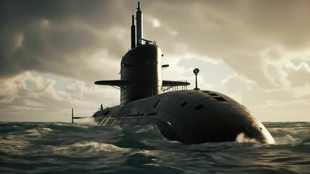 Powerful Submarine Surfacing in Wavy Ocean Under Cloudy Sky Naval Vessel Displaying Marine Technology and Military Strength