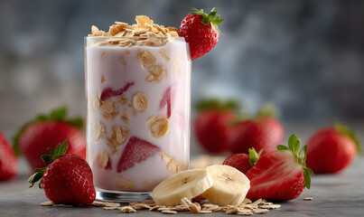 Cereal flakes in a glass of milk with fresh fruits, strawberries and bananas, soft creamy texture of milk.
