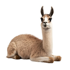 A llama rests isolated on transparent background.