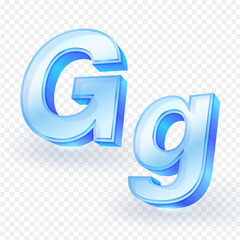 Alphabets uppercase and lowercase G made of transparent glass material isolated on white background. 3D vector illustration.