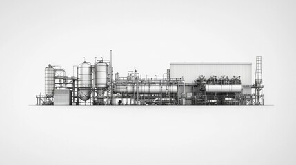 Industrial processing facility with tanks, pipes, and a large structure situated in a manufacturing area during daylight