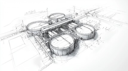 Obraz premium Innovative architectural design of a wastewater treatment facility showcasing modern engineering and sustainable practices in urban planning