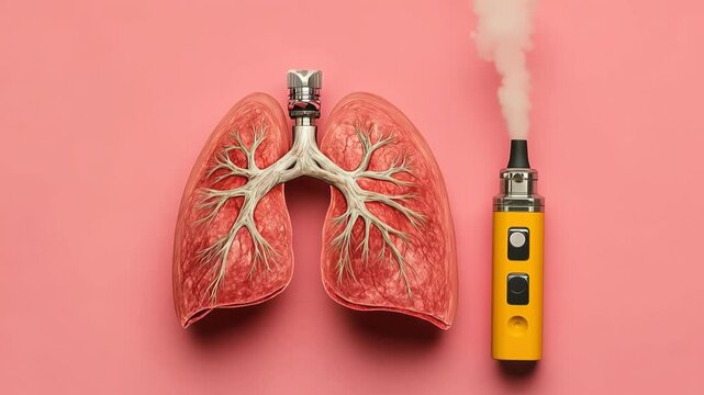 Lungs with e-cigarette exhaling vapor on pink background