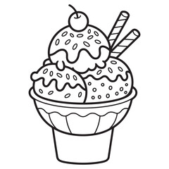 Ice Cream Sundae with Cherry and Wafers | Summer Treat Line Art Coloring Page