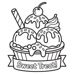 Ice Cream Sundae with Sprinkles and Cherry | Sweet Summer Line Art Coloring Page