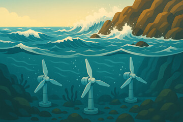Vector illustration of wind turbines in the sea with a boat on the water in a summer landscape under the sky