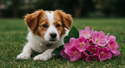 Adorable Puppy with Pink Flowers in Green Grass