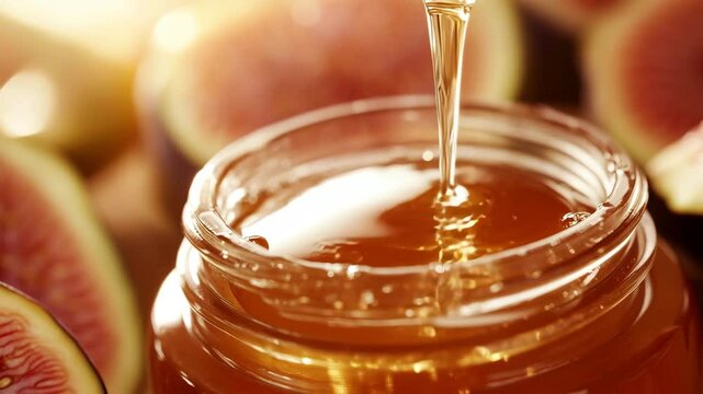 A jar of honey is poured into a glass. The honey is golden and thick. The jar is filled with honey and a few pieces of fruit