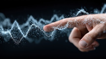 Digital Connection: A close-up view shows a finger interacting with digital particles, depicting the future of digital technology. Capturing the cutting edge, futuristic scene.