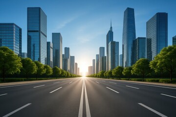 Obraz premium Asphalt Avenue: Cityscape Dawn: An expansive asphalt avenue stretches towards a radiant sunrise, flanked by rows of modern skyscrapers, creating a sense of urban dynamism and progress. 