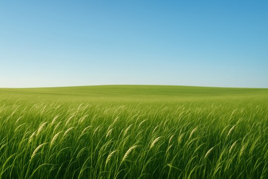 Vibrant Green Field under Blue Sky: A vast, undulating field of lush green grass sways gently in the wind beneath a clear, bright blue sky, symbolizing freedom and serenity.