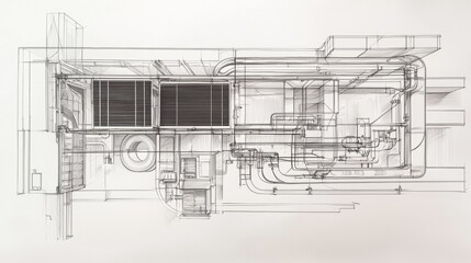 Obraz premium Detailed architectural sketch of mechanical systems in a commercial building