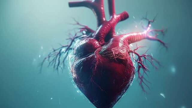 Human heart with glowing fibers in blue background