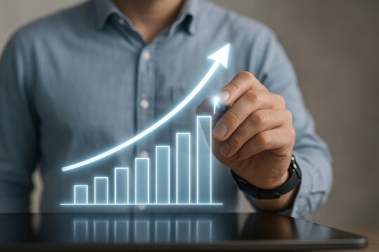 Business Growth Visualization: A modern visualization of business progress with a hand drawing a growing upward arrow over a bar graph symbolizing development, enhancement, and success.