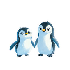 Fototapeta premium Two cute penguins holding hands on transparent background