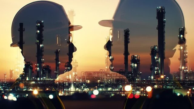 Silhouetted Engineers in Hardhats Facing Industrial Plant at Golden Sunset with Layered Transparent Effect for an Adobe Stock Photo