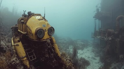 Submersible exploring sunken structure underwater - Powered by Adobe