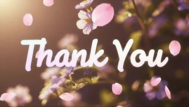 The phrase Thank You is stylized in script lettering over a dark, dreamy floral background featuring soft pink falling petals and warm sunlight bokeh.