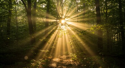 Naklejka premium Golden Sunlight Beams Through Lush Green Forest