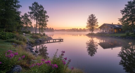 Sunrise Over Calm Lake With Modern House and Fog