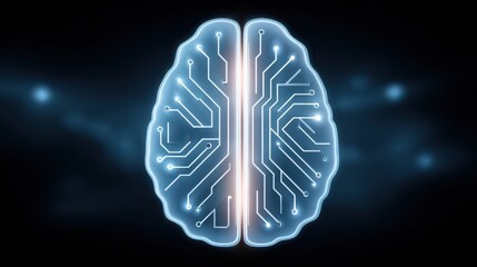 Abstract brain made of glowing circuits and gears, symbolizing futuristic innovation, data streams connecting different parts