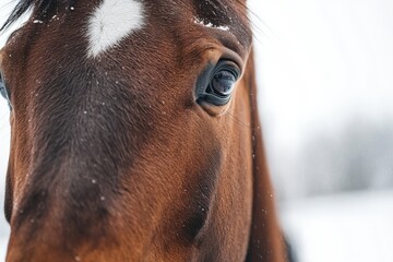A horse with a white face and brown eyes. The horse is in a snowy field. The eyes are closed, and the horse appears to be resting.