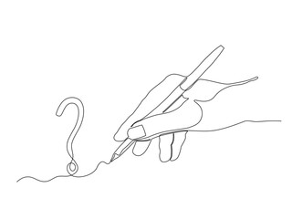 question mark, An abstract hand writes with pen,continuous single line art drawing sketch, logo