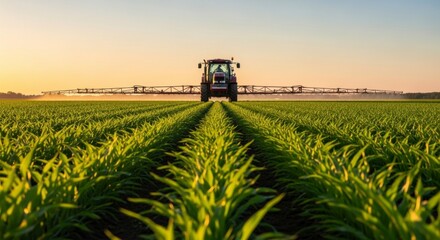 Red tractor with sprayer attachment cultivating green crop field at sunset
