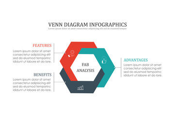 Infographic Venn diagram chart template for business 3 parts, content, presentation with vector illustration of Venn diagram elements.