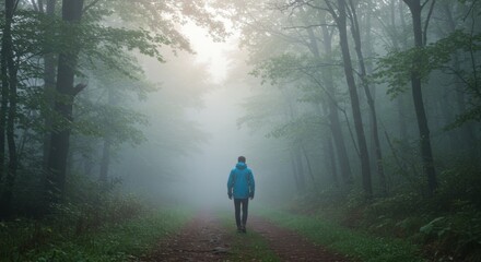 Man Walking on Path Through Foggy Forest