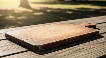 Empty well used wooden cutting board on a rustic outdoor picnic table in sunlight