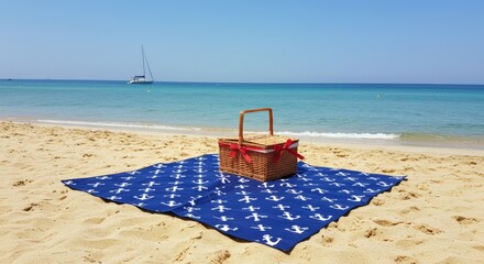 Fototapeta premium Beach Picnic Basket on Blue and White Blanket
