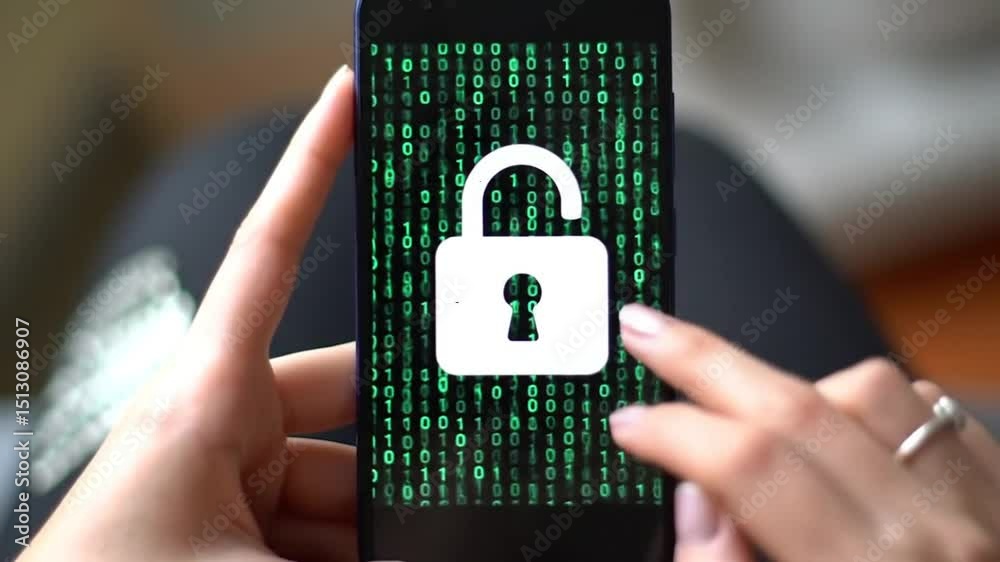 Poster woman's hands secure smartphone with digital padlock and green binary code display for cyber protect