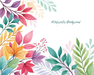 Obraz premium Vibrant watercolor floral background with colorful flowers and leaves, ideal for use in design projects, stationery, digital prints, fabric, and decorative artworks