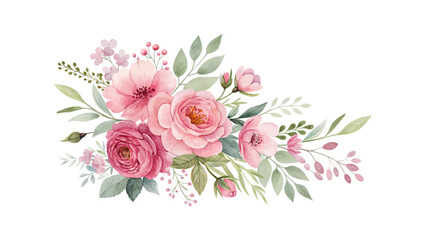Watercolor floral arrangements with roses and botanical leaves in a delicate composition for wedding cards, fabric patterns, and branding or logo design elements