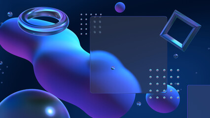 ガラスや流体が浮かぶグラスモーフィズム風の立体空間 - ダークブルー © Micke