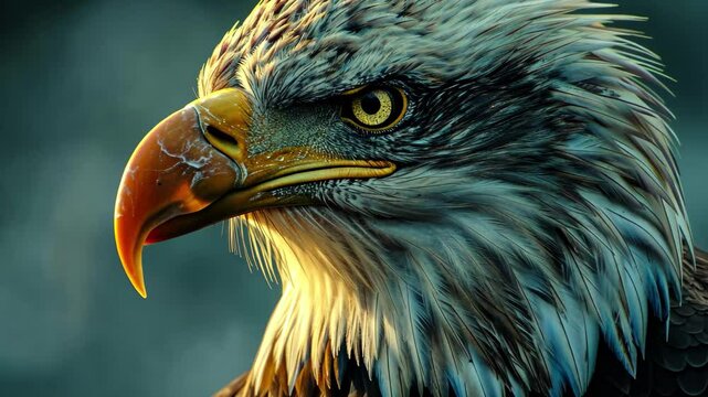 A majestic bald eagle captures the essence of freedom with its piercing gaze, perched on a rocky outcrop during the tranquil hours of dawn in the American wilderness