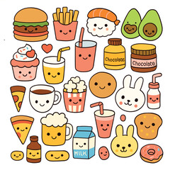 Line drawing of food and drinks, cute, Kawaii style, isolate vector file.