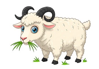 Cute cartoon sheep eating grass.