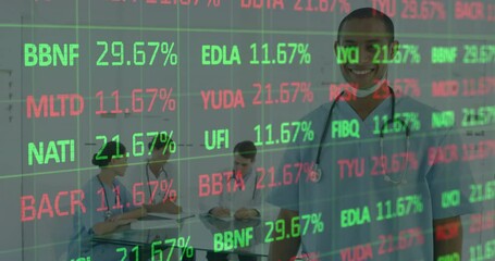 Male doctor holding phone and smiling as financial data overlay updating during health meeting - Powered by Adobe