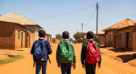 Three young Black boys with school backpacks walking on a dirt road in an African community