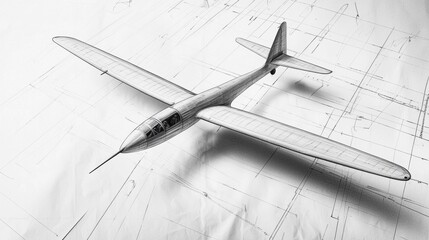 Detailed sketch of a glider aircraft on engineering blueprints highlighting design features and craftsmanship