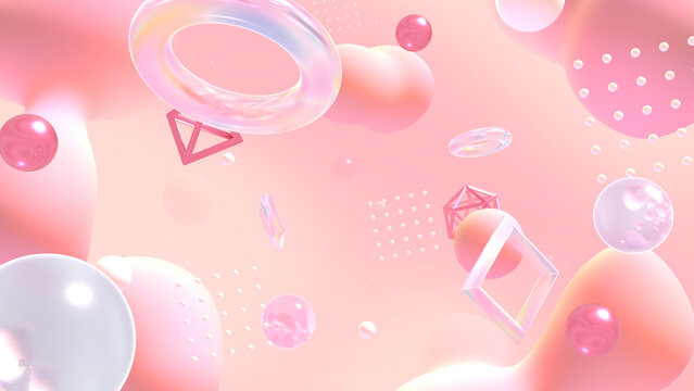 ガラスや流体や様々な図形が浮かぶグラスモーフィズム風の立体空間 - ピンク