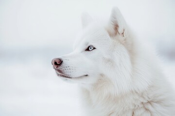 Fototapeta premium White dog with a black nose and brown eyes. The dog is looking at the camera. Portrait of a white dog isolated on white background.