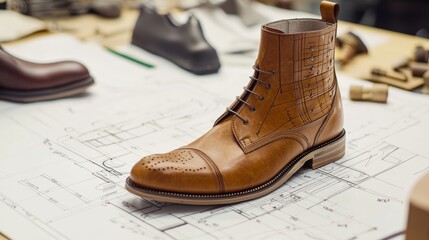 Handcrafted leather boot displayed on design blueprint at a shoemaking workshop in the afternoon