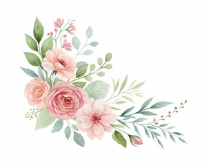 Hand-painted watercolor illustration set featuring delicate rose flowers, elegantly arranged on white background. Perfect for romantic designs, invitations, and floral compositions.