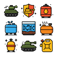 Colorful Flat Icons of Military Tanks, Fuel Barrels, and Fish Aquarium