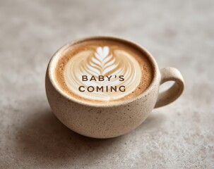 Latte Art Reveal: A captivating overhead shot of a latte, where the artful foam unveils a heartfelt message of impending parenthood. 